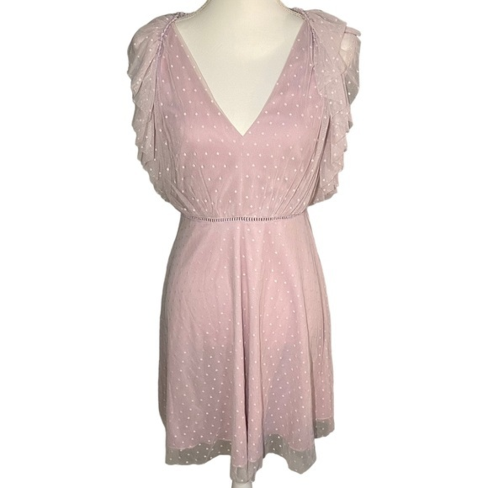 Gianni Bini Women's Medium Lilac Swiss Dot‎ Mesh Ruffle Open Back Mini Dress